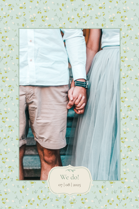 vintage trouwkaart met eigen foto en lieve witte bloemetjes