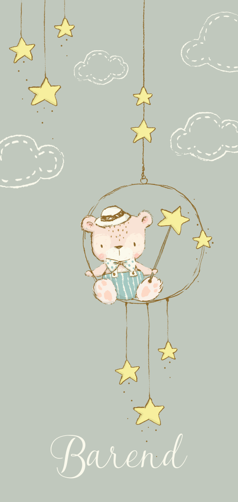 Lief geboortekaartje met beertje op schommel met sterretjes