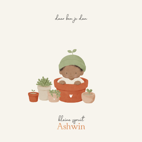 Geboortekaartje kleine spruit in bloempot en botanische illustratie