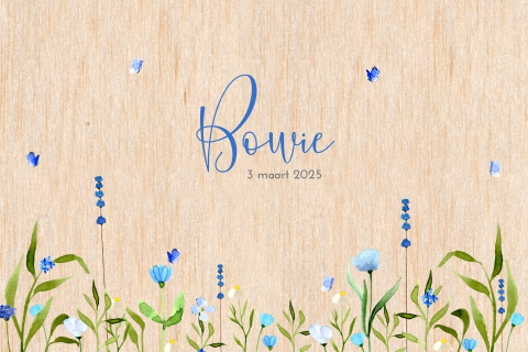Lief geboortekaartje hout met blauwe bloemen waterverf
