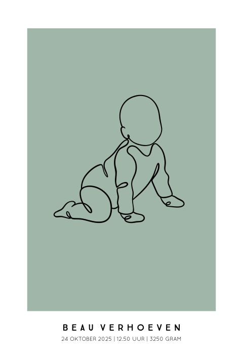 Geboorteposter baby - Lijntekening zittend groen 40x60 cm | Persoonlijk en stijlvol ontwerp