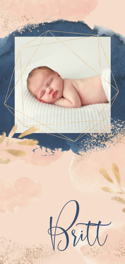 Geboortekaartje met foto meisje watercolour blauw peach