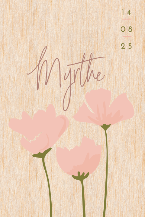 Houten meisjesgeboortekaartje met roze bloemen