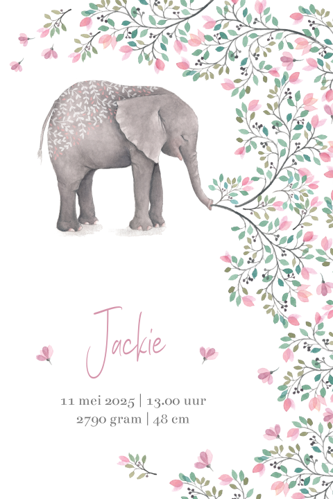 Lieve geboorteposter met olifantje en roze groene takjes