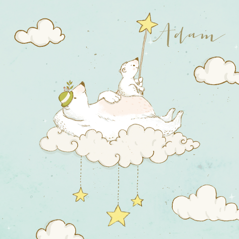 Lief geboortekaartje met papa en baby ijsbeer op een wolk