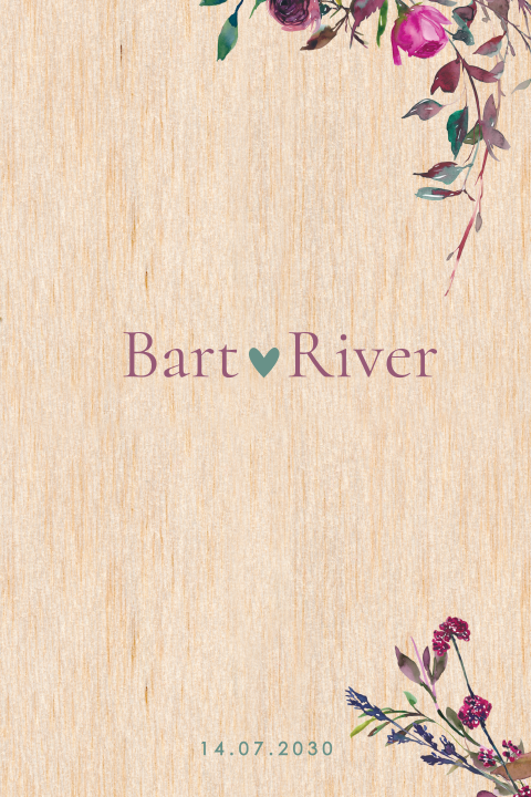 Trouwkaart echt hout banner roze bloemen