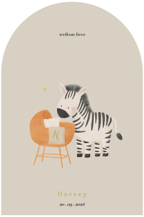 Geboortekaartje met zebra en wiegje in boogvorm met goudfolie