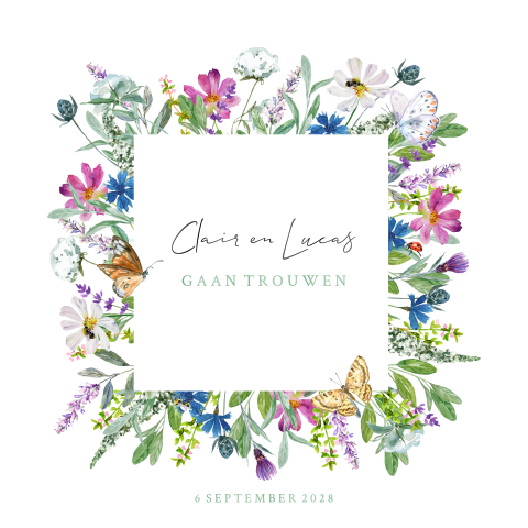 Trouwkaart met kader van veldbloemen en vlinders