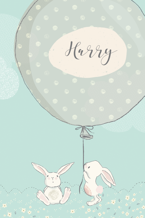 Geboortekaartje met lief konijntje met ballon in mint en grijs