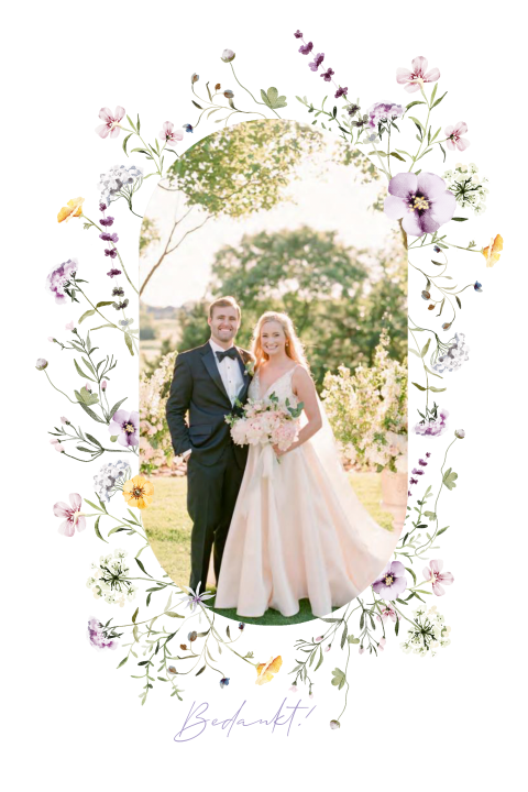 Romantische bedankkaart huwelijk met foto in bloemenkrans