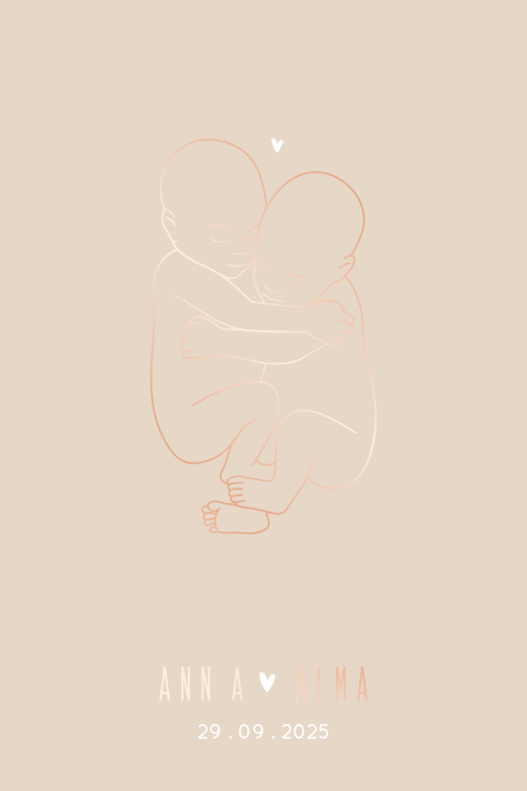 Lief geboortekaartje voor een tweeling met lijntekening