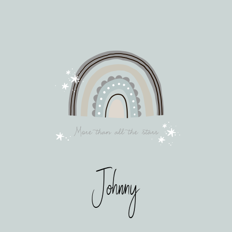 Stoer geboortekaartje met regenboog en sterren in blauw grijs