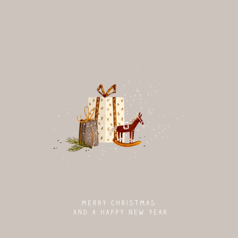 kerstkaart kerstcadeautjes en hobbelpaardje