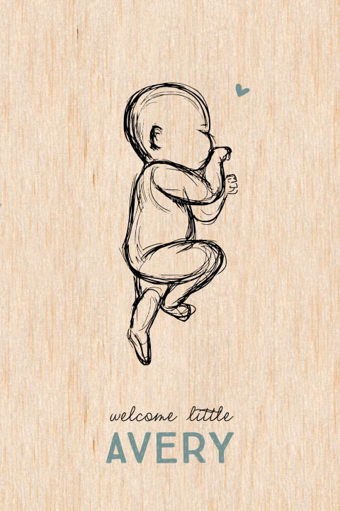 Houten geboortekaartje met lijntekening baby