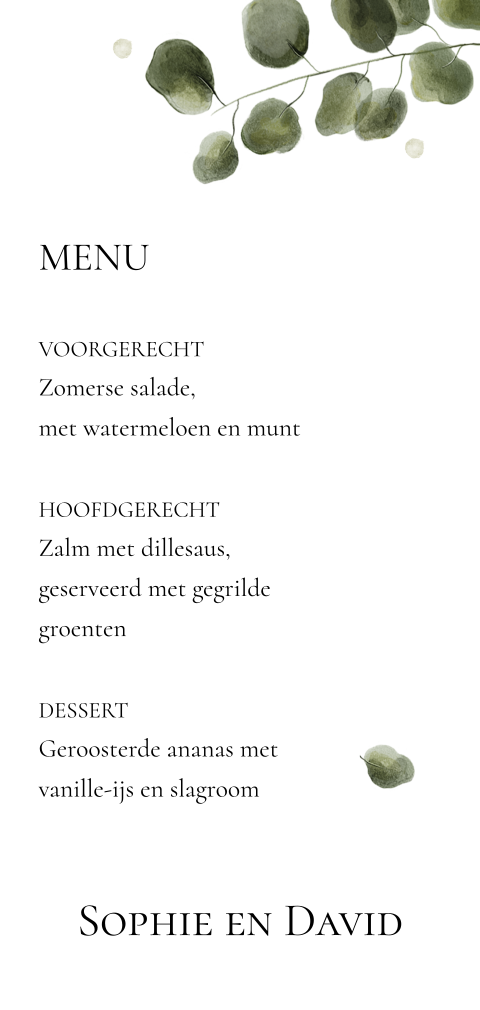 Menukaart met eucalyptus blaadjes