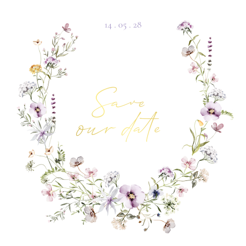 Romantische save the date met bloemenkrans