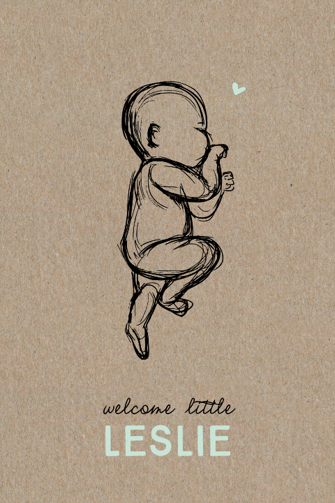 Geboortekaartje op kraft met een lijntekening van een baby