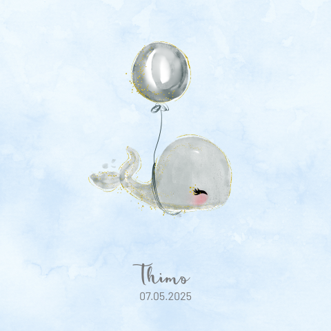 Lief geboortekaartje walvis met ballon in blauw