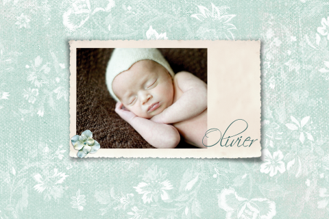Vintage geboortekaartje met foto bloemen mintgroen