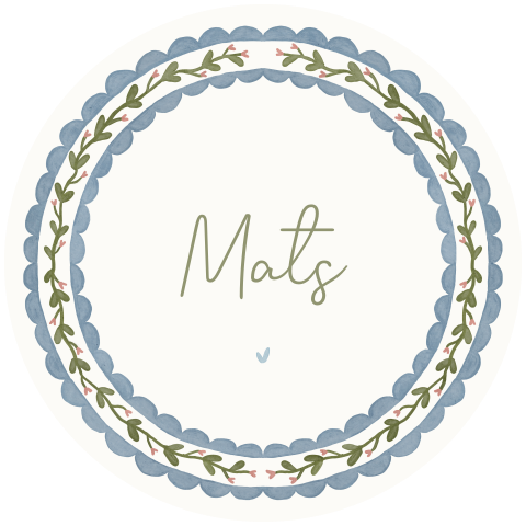 Rond geboortekaartje met botanische takjes in blauw