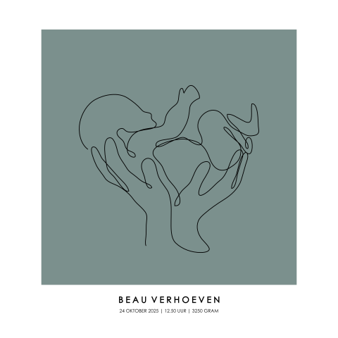 Geboorteposter baby in handen - Lijntekening groen vierkant | Lief en symbolisch