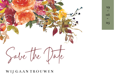 save the date kaart met oranje en rode bloemen waterverf