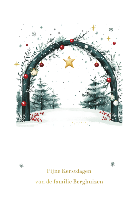 kerstkaart foto boogvorm sneeuwlandschap goudfolie