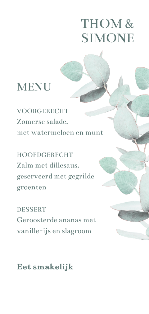 Trendy menukaart met eucalyptus blaadjes