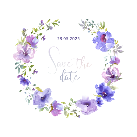 Save the date met waterverf bloemen in paars en groen