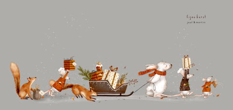 kerstkaart optocht dieren met cadeautjes