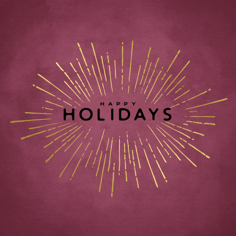 kerstkaart bordeauxrood met goudfolie en tekst Happy Holidays
