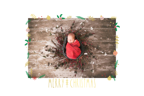 kerstkaart met foto en goudfolie dennentakjes