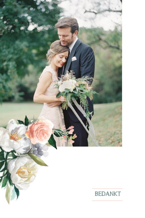 Bedankkaart  bruiloft met witte en roze bloemen