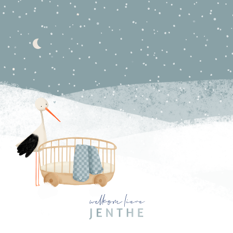 Winter geboortekaartje met ledikantje en ooievaar in sneeuwlandschap