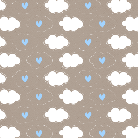Geboortekaartje kraft met witte wolkjes en blauwe hartjes