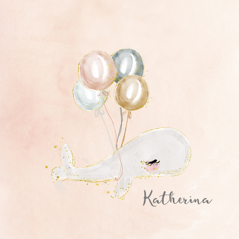 Lief geboortekaartje walvis met ballonnen roze