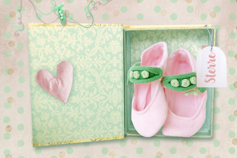 sprookjesgeboortekaartje met ballerina's in roze en groen
