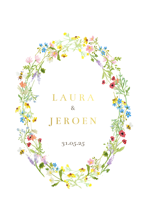 Trouwkaart met goudfolie en kleurrijke veldbloemen