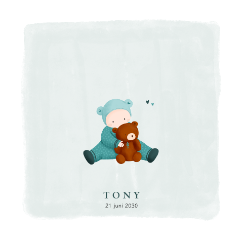 Lief geboortekaartje met illustratie van kindje met teddybeer