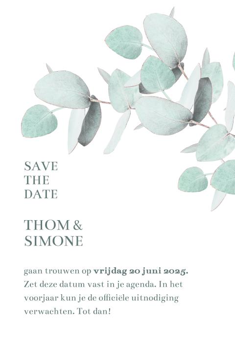 Trendy save the date met eucalyptus blaadjes
