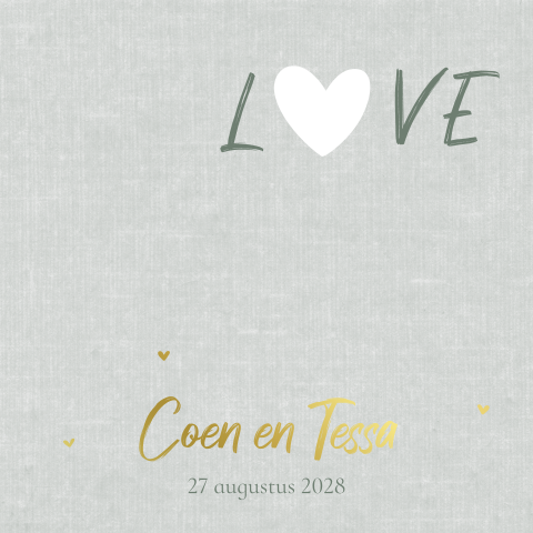 Trouwkaart groen linnen Love met uitgesneden hartje