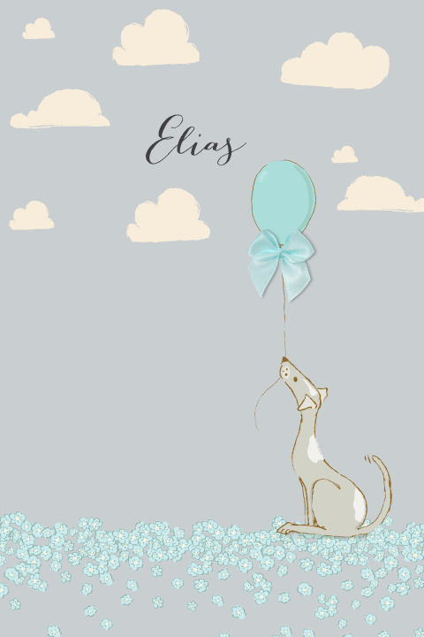 Lief geboortekaartje met hondje met blauwe ballon en bloemetjes