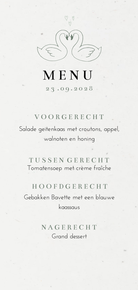 Menukaart duurzaam met lijntekening van twee zwanen