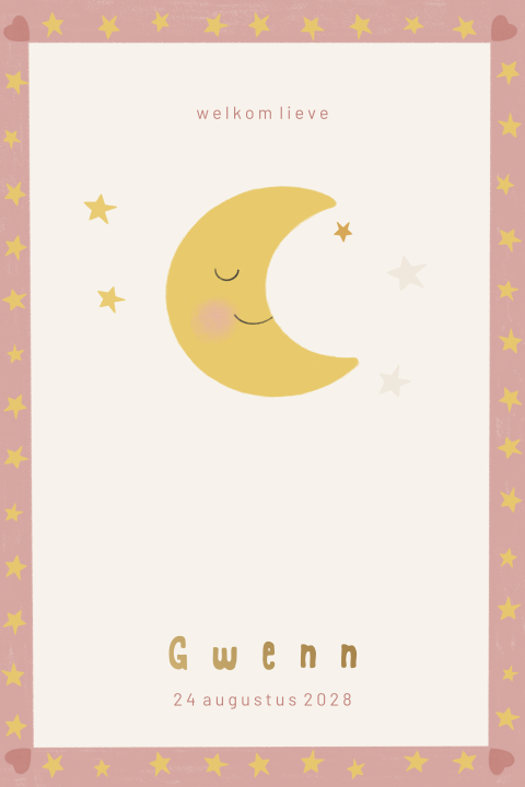 Geboortekaartje meisje maan met sterren | Roze dromerig