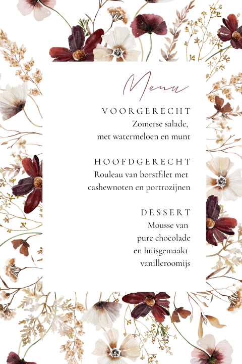 Romantische menukaart met droogbloemen
