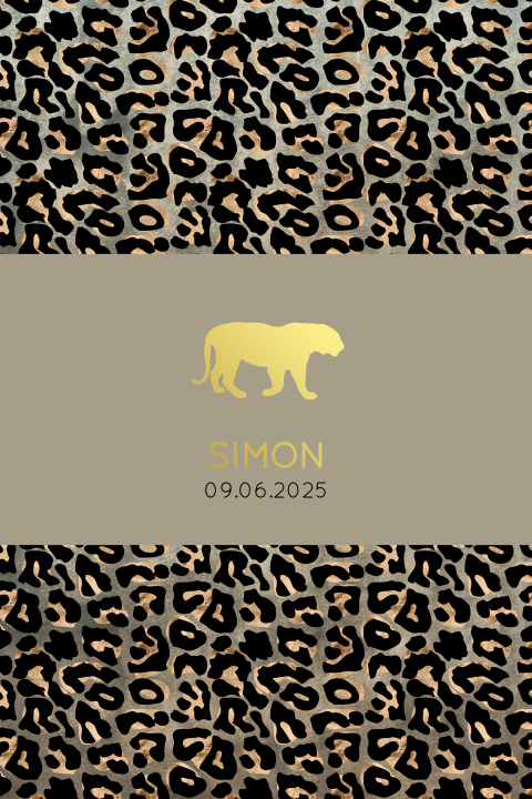 Stoer geboortekaartje met panterprintje bruin en goudfolie