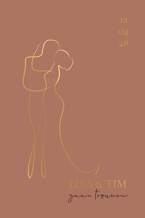 Trouwkaart met lijntekening verliefd koppel
