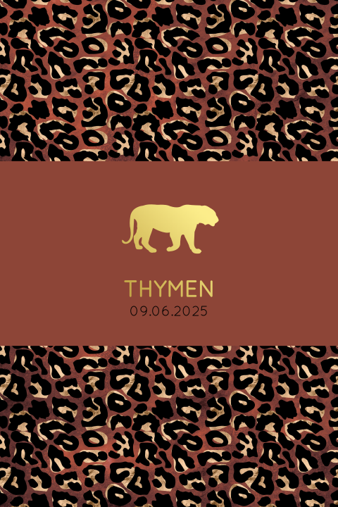 Stoer geboortekaartje met panterprintje roestbruin en goudfolie