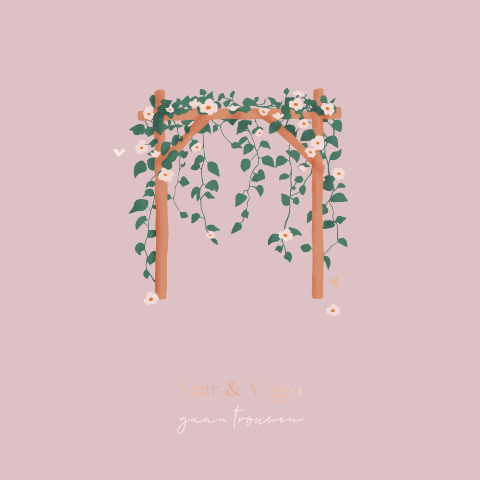 Vierkante trouwkaart met bloemenprieel in zachtroze