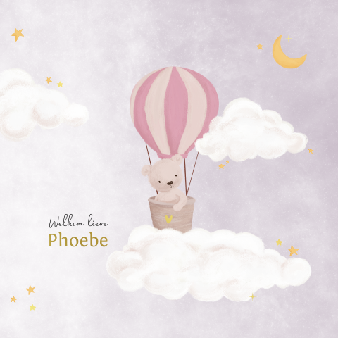 Geboortekaartje luchtballon met beer | Maan en sterren